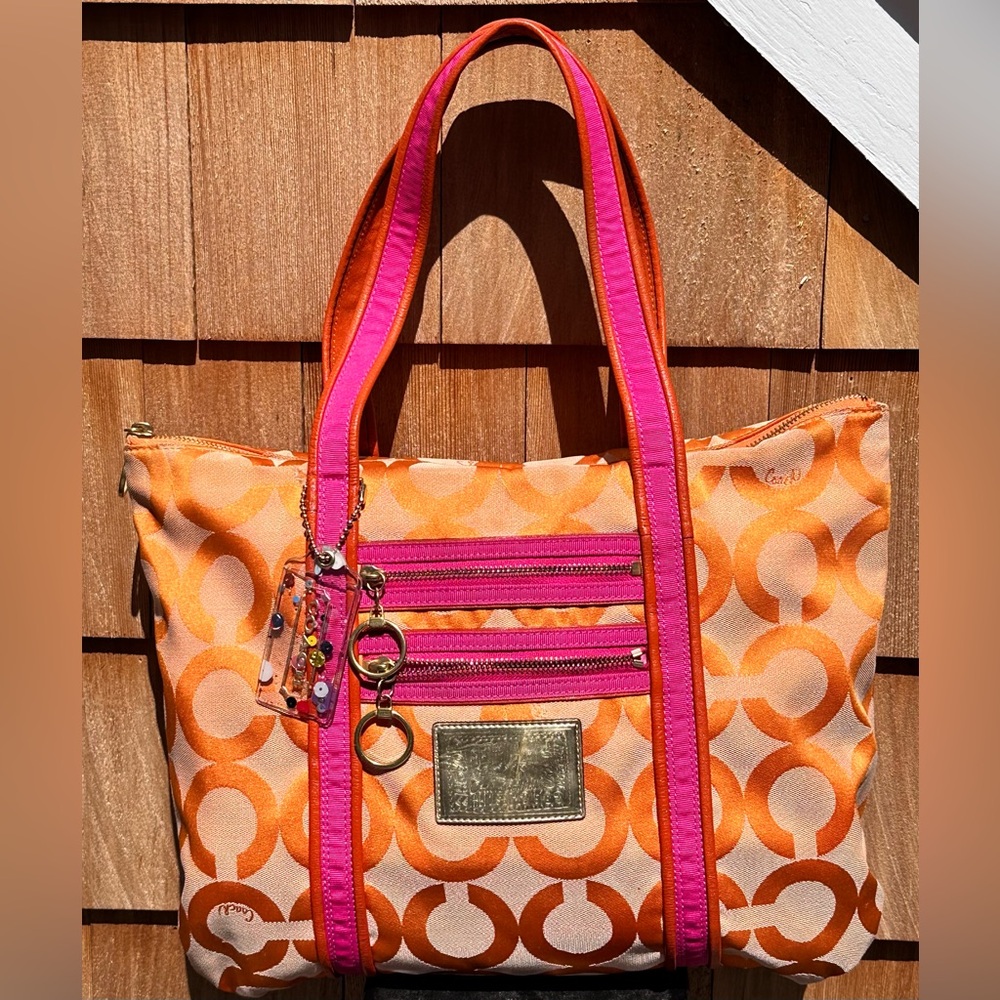 Coach Poppy OP Art Signature Jacquard Leather Orange/pink Tote Shoulder Bag